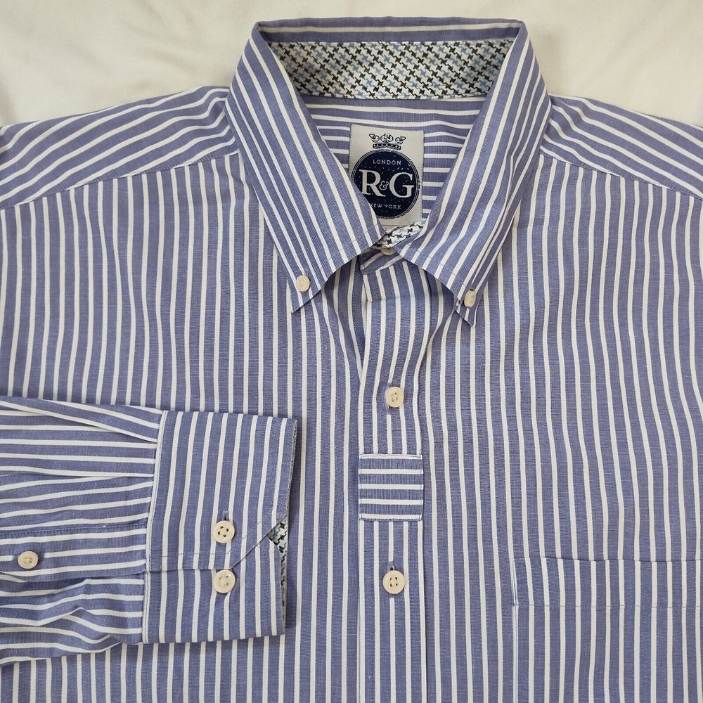 R&G London New York Mens Size XL Stripe Oxford Long Sleeve Button Up Shirt‎